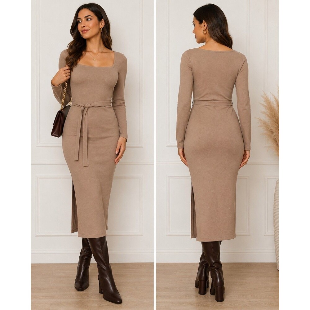 MOTF Eco Camel Knit Midi Dress S Long Sleeve Square Neck Belted Side Slit NWT